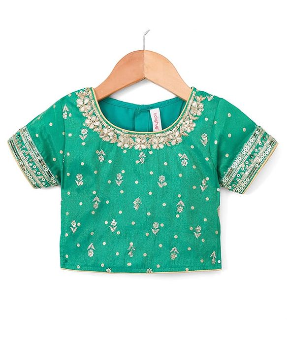 Babyhug Brocade Woven Half Sleeves Lehenga Choli Set With Floral Embroidery Sequin Detailing & Dupatta - Teal Blue