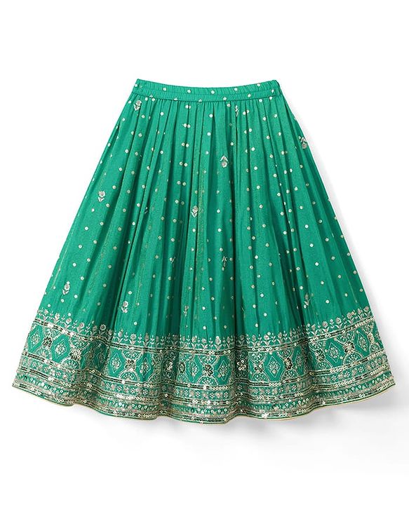 Babyhug Brocade Woven Half Sleeves Lehenga Choli Set With Floral Embroidery Sequin Detailing & Dupatta - Teal Blue