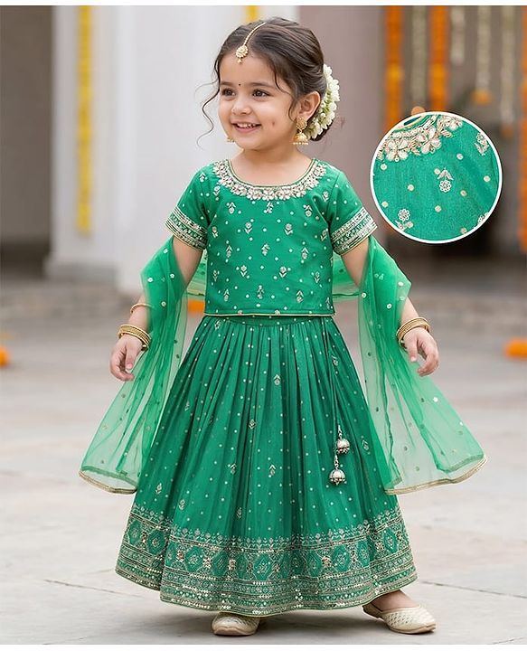 Babyhug Brocade Woven Half Sleeves Lehenga Choli Set With Floral Embroidery Sequin Detailing & Dupatta - Teal Blue