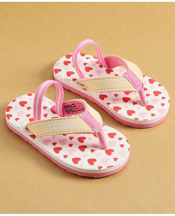 Cute Walk by Babyhug Back Strap Flip Flop With Hearts Print - Pink & White