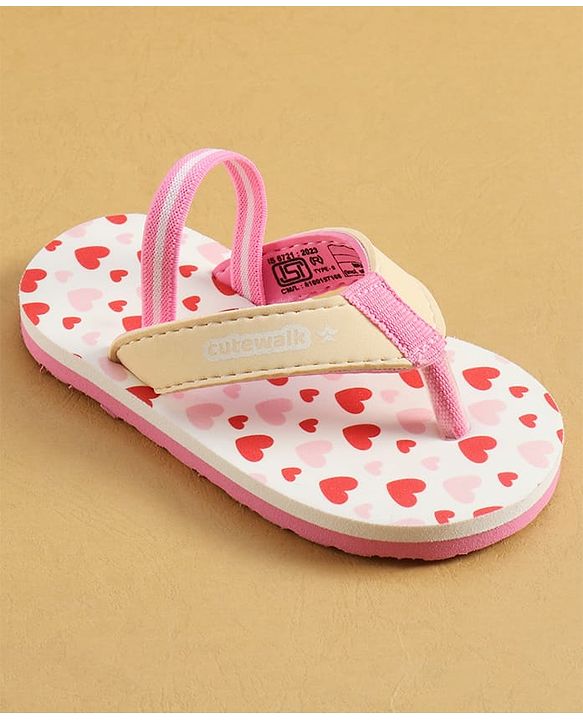Cute Walk by Babyhug Back Strap Flip Flop With Hearts Print - Pink & White