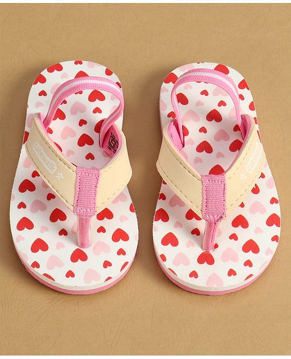 Cute Walk by Babyhug Back Strap Flip Flop With Hearts Print - Pink & White