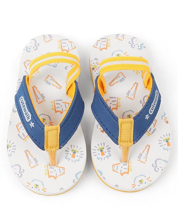 Cute Walk by Babyhug Animals Printed Flip Flops with Back Strap - White & Blue