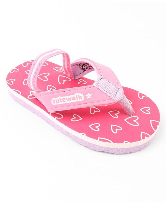 Cute Walk by Babyhug Hearts Printed Flip Flops with Back Strap - Fuchsia