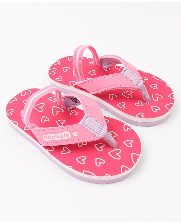 Cute Walk by Babyhug Hearts Printed Flip Flops with Back Strap - Fuchsia