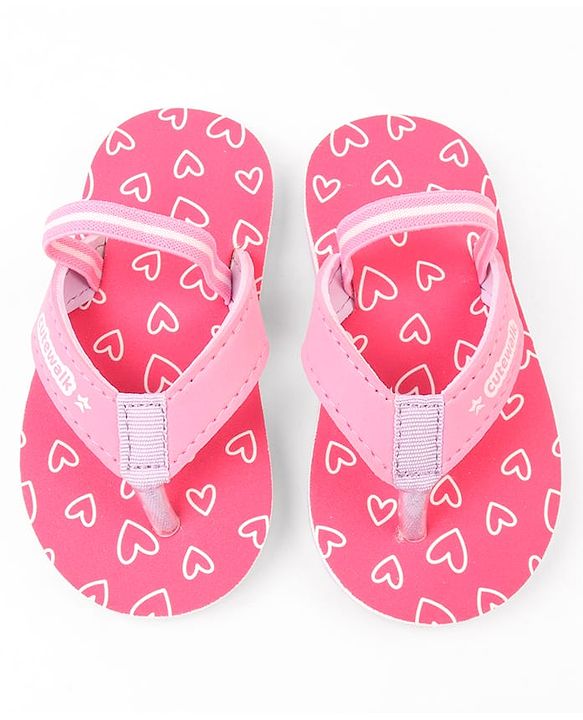 Cute Walk by Babyhug Hearts Printed Flip Flops with Back Strap - Fuchsia
