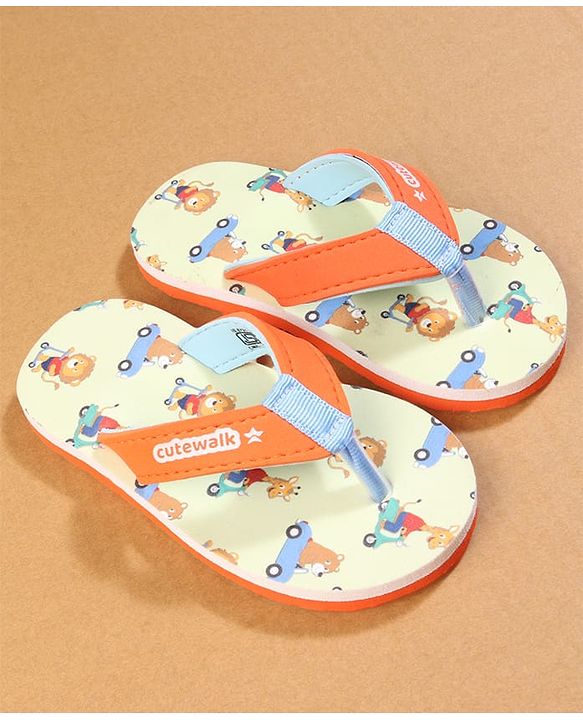 Cute Walk by Babyhug Flip Flops with Lion Print - Orange & Mustard