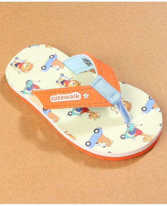 Cute Walk by Babyhug Flip Flops with Lion Print - Orange & Mustard