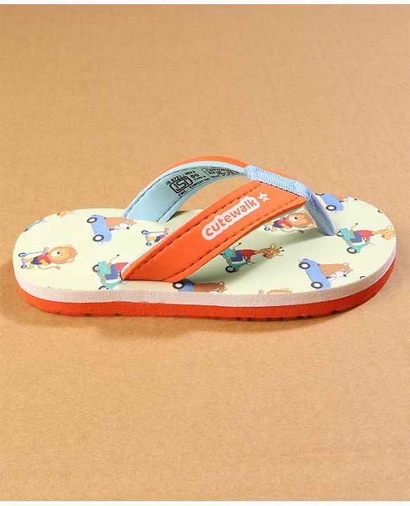 Cute Walk by Babyhug Flip Flops with Lion Print - Orange & Mustard