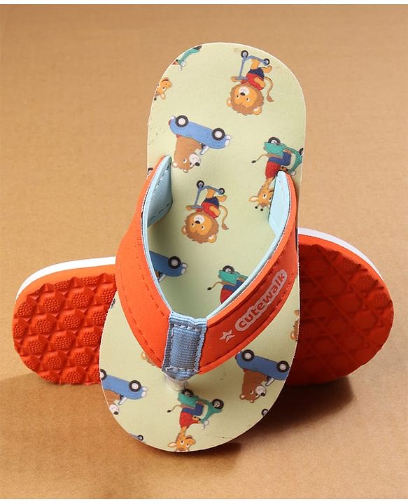 Cute Walk by Babyhug Flip Flops with Lion Print - Orange & Mustard