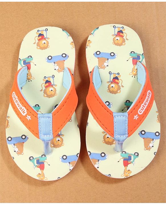 Cute Walk by Babyhug Flip Flops with Lion Print - Orange & Mustard