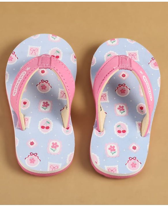 Cute Walk by Babyhug Slip On  Flip Flops with Berry & Floral Print - Pink & Blue