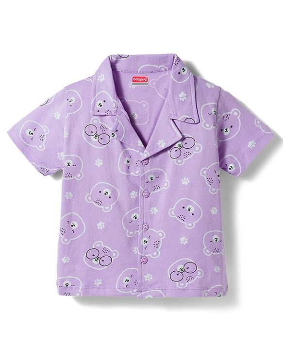 Babyhug Cotton Knit Half Sleeves Shirt & Pyjama Co-ord Night Suit With Teddy Bear Print - Lavender