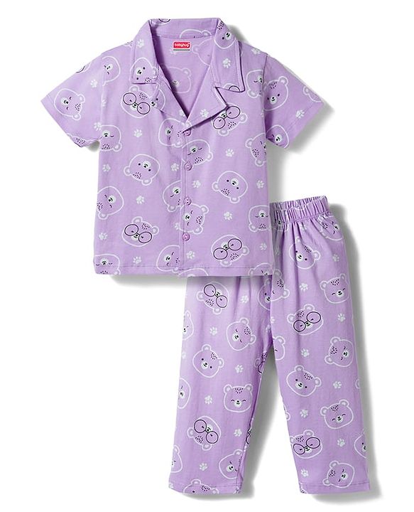 Babyhug Cotton Knit Half Sleeves Shirt & Pyjama Co-ord Night Suit With Teddy Bear Print - Lavender