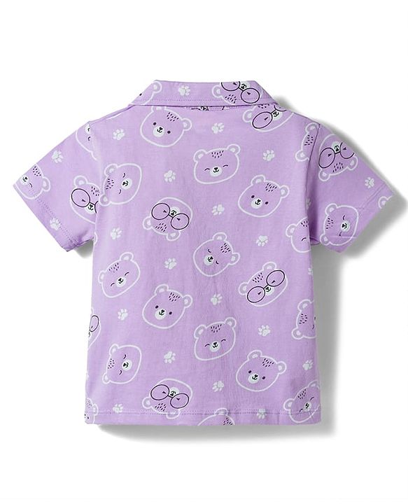 Babyhug Cotton Knit Half Sleeves Shirt & Pyjama Co-ord Night Suit With Teddy Bear Print - Lavender