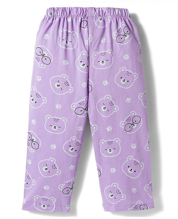 Babyhug Cotton Knit Half Sleeves Shirt & Pyjama Co-ord Night Suit With Teddy Bear Print - Lavender