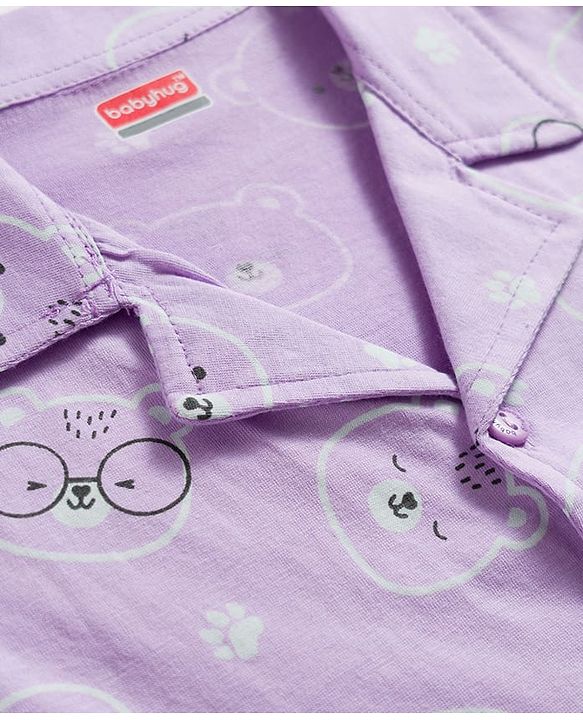 Babyhug Cotton Knit Half Sleeves Shirt & Pyjama Co-ord Night Suit With Teddy Bear Print - Lavender