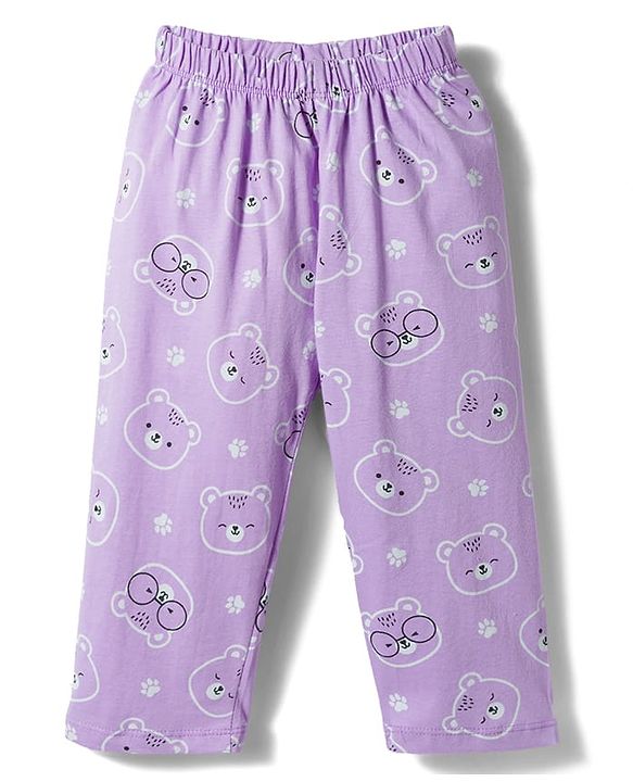 Babyhug Cotton Knit Half Sleeves Shirt & Pyjama Co-ord Night Suit With Teddy Bear Print - Lavender