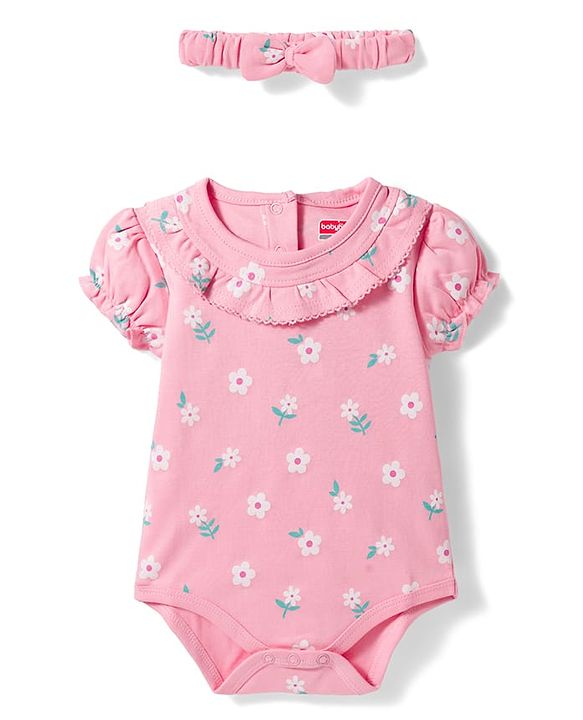 Babyhug 100% Cotton Knit Half Puffed Sleeves Floral Printed Onesie with Hairband - Light Pink