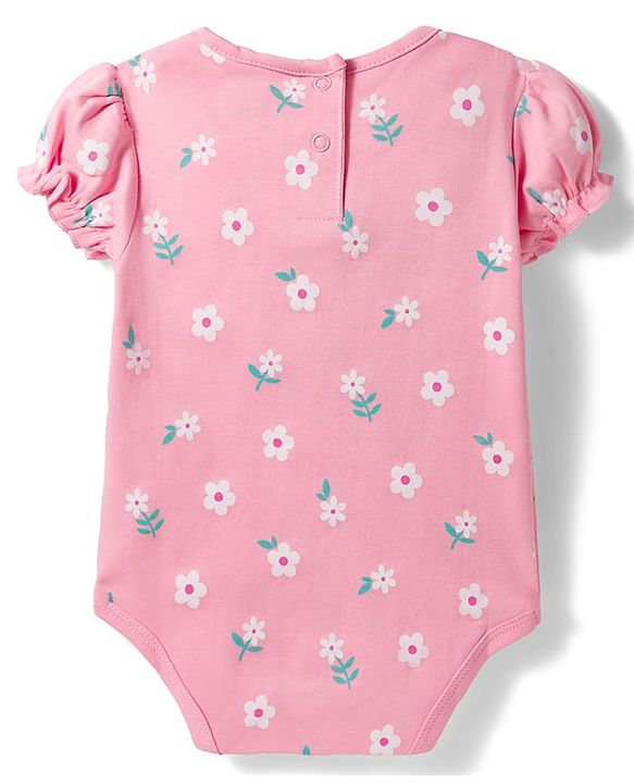 Babyhug 100% Cotton Knit Half Puffed Sleeves Floral Printed Onesie with Hairband - Light Pink