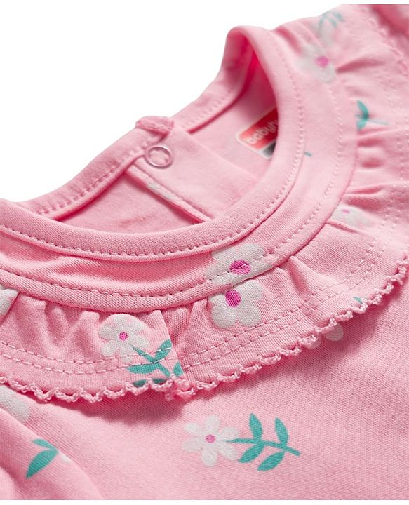 Babyhug 100% Cotton Knit Half Puffed Sleeves Floral Printed Onesie with Hairband - Light Pink