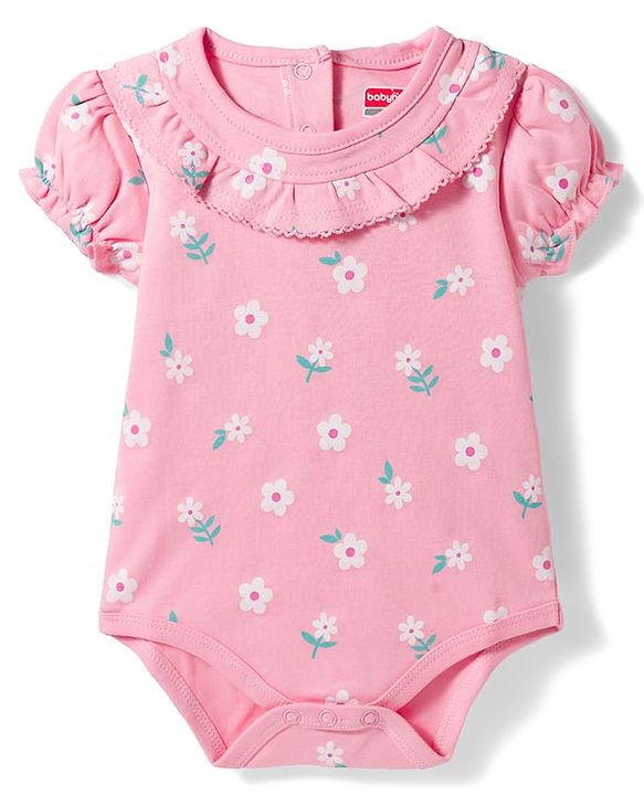 Babyhug 100% Cotton Knit Half Puffed Sleeves Floral Printed Onesie with Hairband - Light Pink