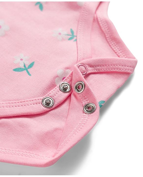 Babyhug 100% Cotton Knit Half Puffed Sleeves Floral Printed Onesie with Hairband - Light Pink