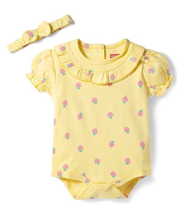Babyhug 100% Cotton Knit Half Puffed Sleeves Strawberry Printed Onesie with Hairband - Yellow