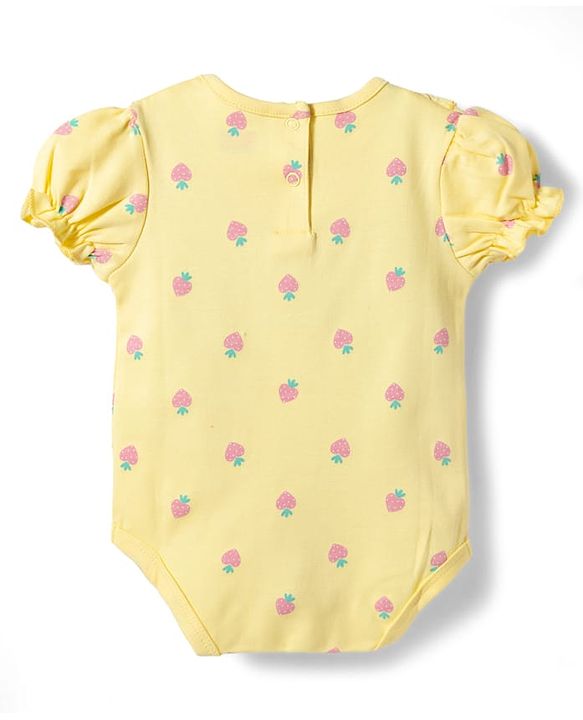 Babyhug 100% Cotton Knit Half Puffed Sleeves Strawberry Printed Onesie with Hairband - Yellow
