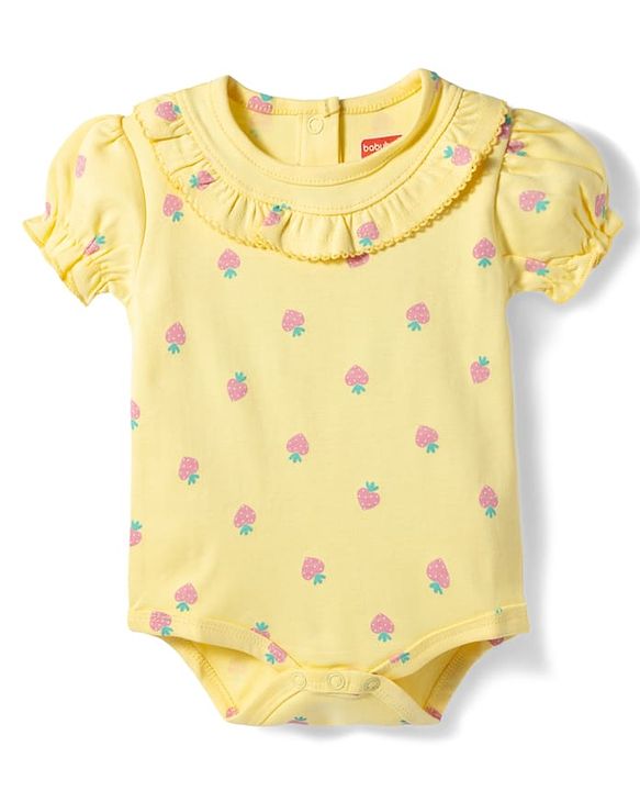Babyhug 100% Cotton Knit Half Puffed Sleeves Strawberry Printed Onesie with Hairband - Yellow
