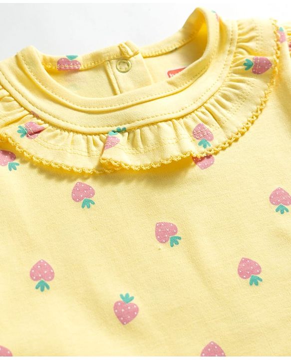 Babyhug 100% Cotton Knit Half Puffed Sleeves Strawberry Printed Onesie with Hairband - Yellow