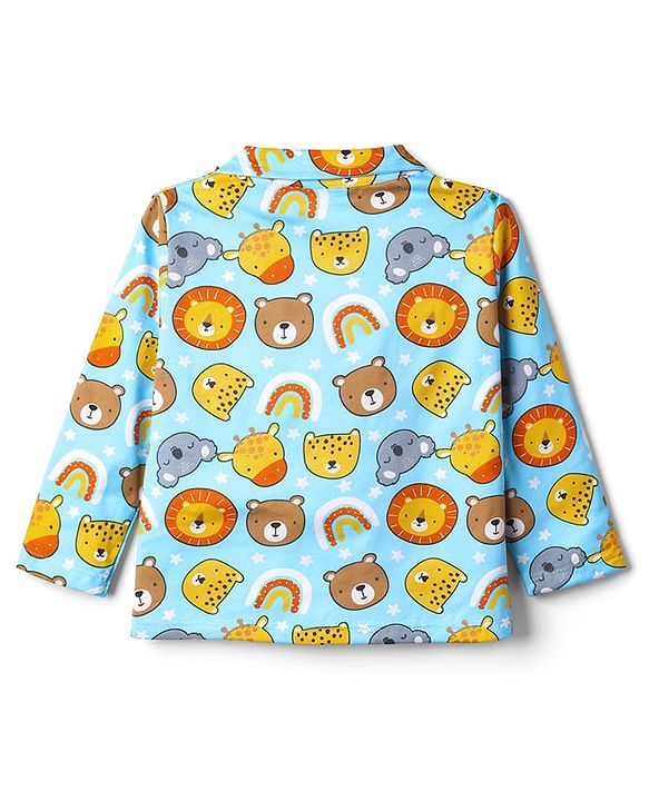 Babyhug Cotton Knit Full Sleeves Shirt & Pyjama Co-ord Night Suit with Animal Print - Light Blue