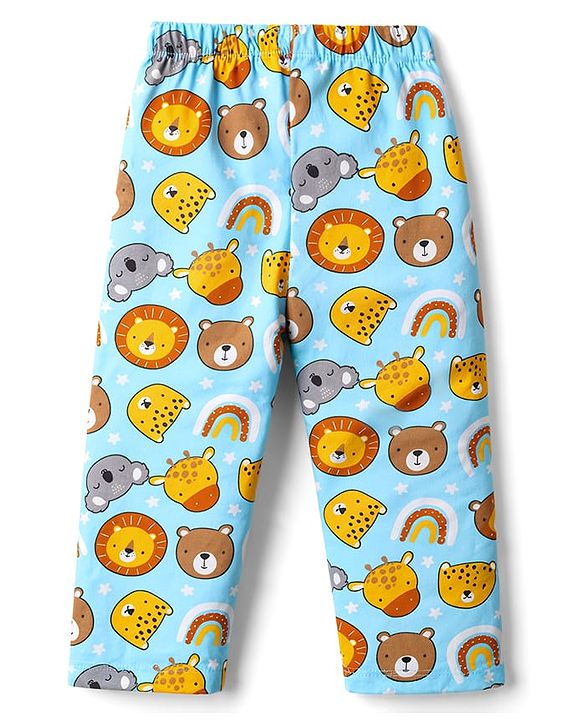 Babyhug Cotton Knit Full Sleeves Shirt & Pyjama Co-ord Night Suit with Animal Print - Light Blue