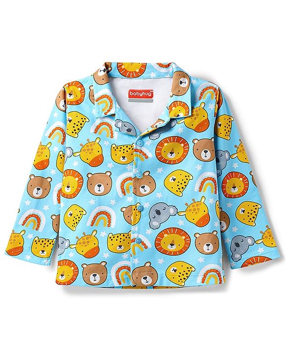 Babyhug Cotton Knit Full Sleeves Shirt & Pyjama Co-ord Night Suit with Animal Print - Light Blue