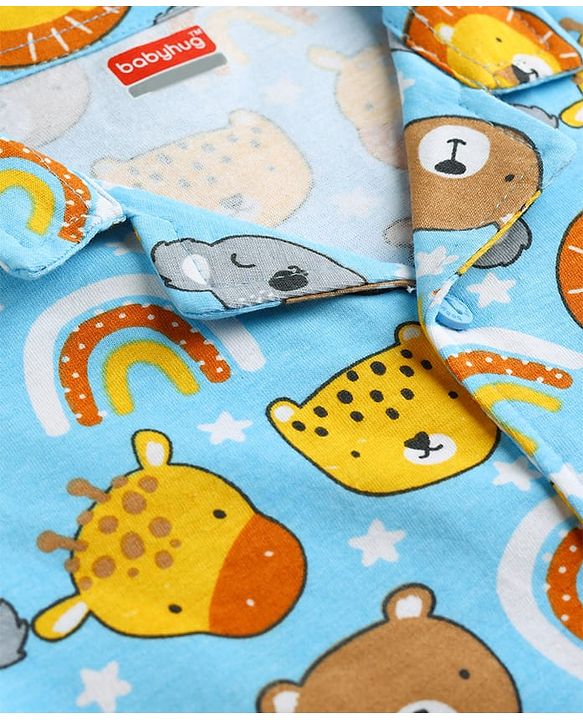 Babyhug Cotton Knit Full Sleeves Shirt & Pyjama Co-ord Night Suit with Animal Print - Light Blue