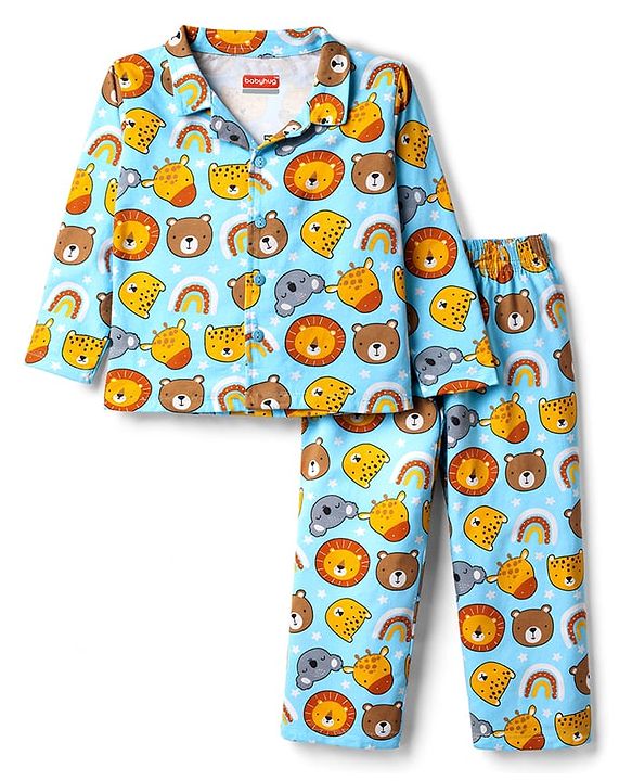 Babyhug Cotton Knit Full Sleeves Shirt & Pyjama Co-ord Night Suit with Animal Print - Light Blue