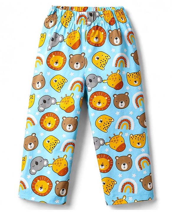 Babyhug Cotton Knit Full Sleeves Shirt & Pyjama Co-ord Night Suit with Animal Print - Light Blue