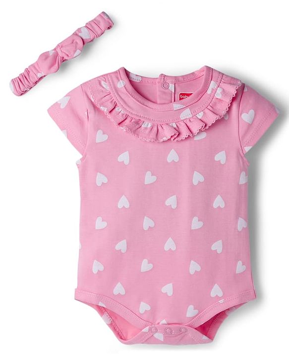 Babyhug 100% Cotton Knit Half Cap Sleeves Onesie with Headband & Heart Print - Pink