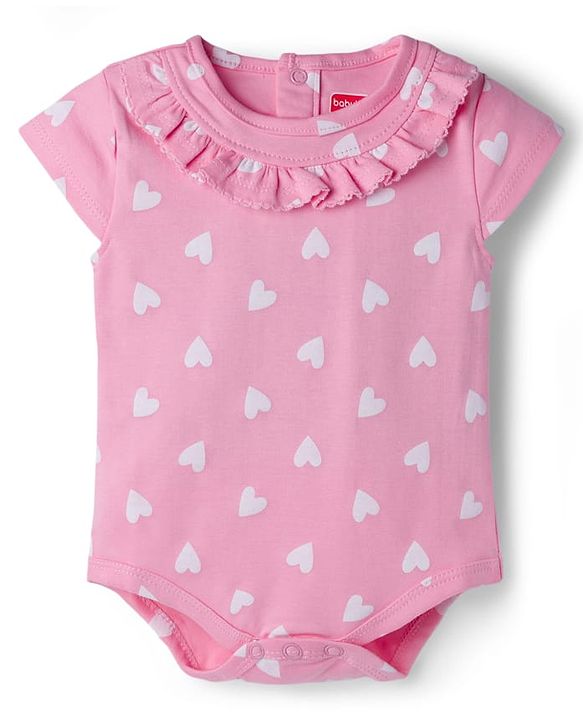 Babyhug 100% Cotton Knit Half Cap Sleeves Onesie with Headband & Heart Print - Pink