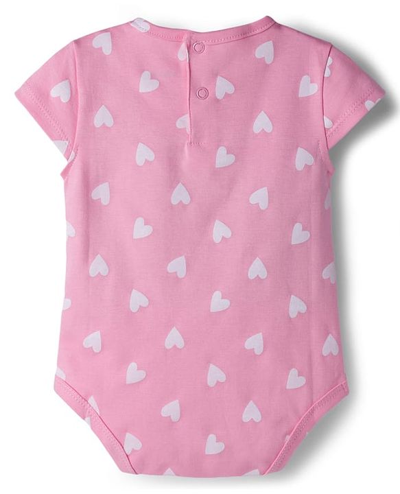 Babyhug 100% Cotton Knit Half Cap Sleeves Onesie with Headband & Heart Print - Pink