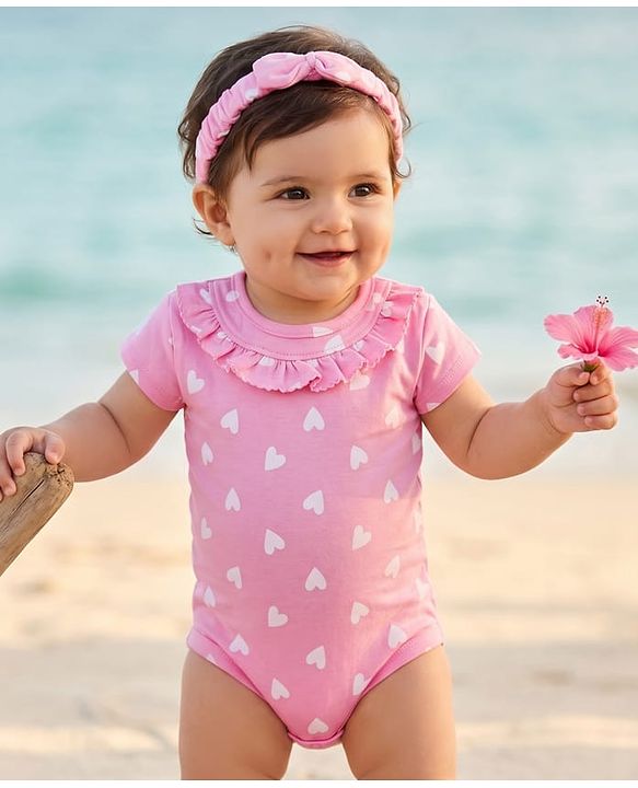 Babyhug 100% Cotton Knit Half Cap Sleeves Onesie with Headband & Heart Print - Pink