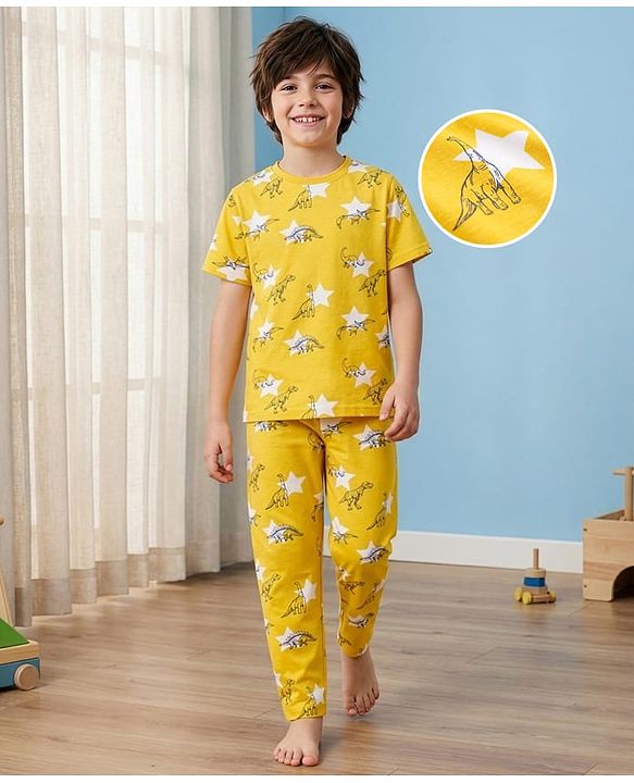 Pine Kids Cotton Knit Half Sleeves T-Shirt & Pyjama Co-ord Night Suit With Dino Print - Yellow