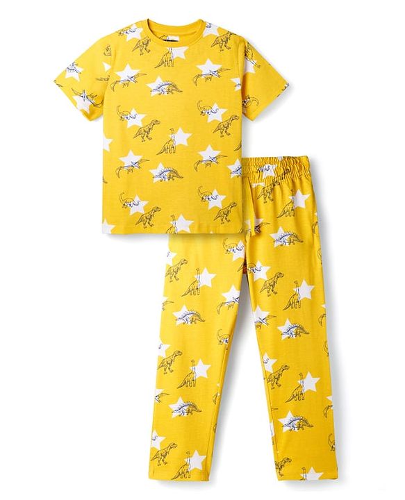 Pine Kids Cotton Knit Half Sleeves T-Shirt & Pyjama Co-ord Night Suit With Dino Print - Yellow
