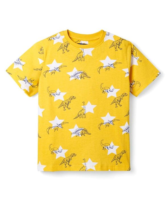 Pine Kids Cotton Knit Half Sleeves T-Shirt & Pyjama Co-ord Night Suit With Dino Print - Yellow