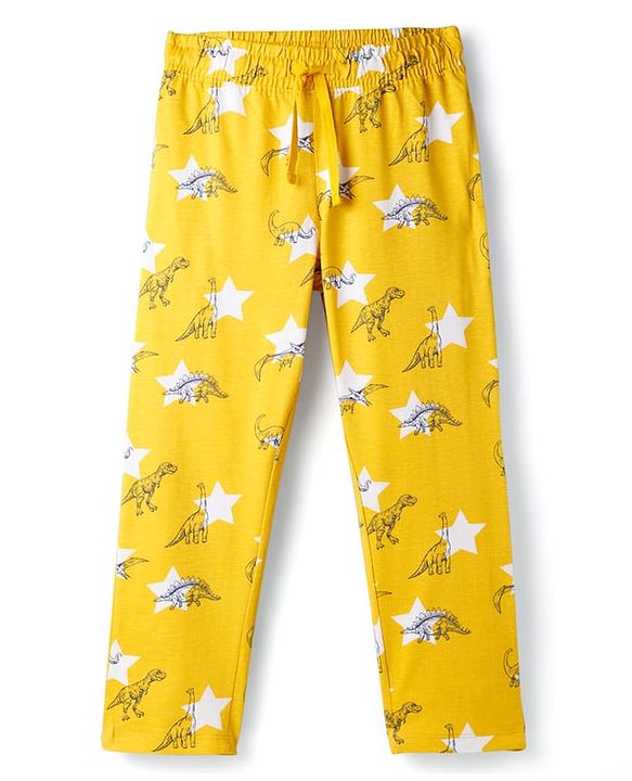 Pine Kids Cotton Knit Half Sleeves T-Shirt & Pyjama Co-ord Night Suit With Dino Print - Yellow