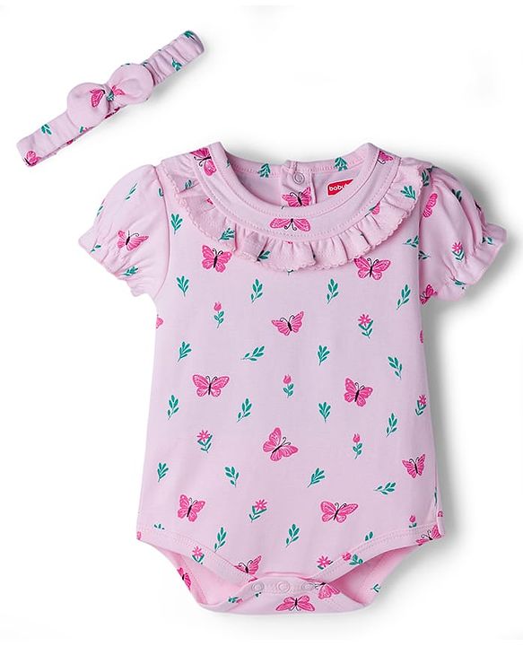 Babyhug 100% Cotton Knit Half Puffed Sleeves Onesie with Headband & Butterfly Print - Pink