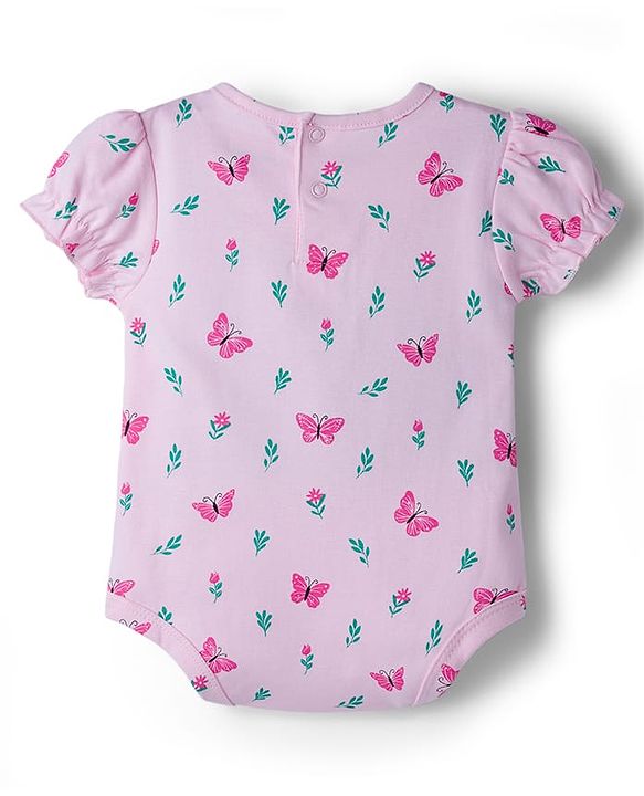 Babyhug 100% Cotton Knit Half Puffed Sleeves Onesie with Headband & Butterfly Print - Pink