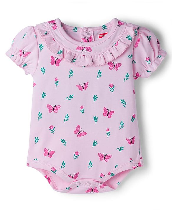 Babyhug 100% Cotton Knit Half Puffed Sleeves Onesie with Headband & Butterfly Print - Pink