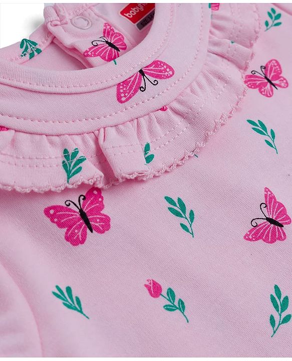Babyhug 100% Cotton Knit Half Puffed Sleeves Onesie with Headband & Butterfly Print - Pink