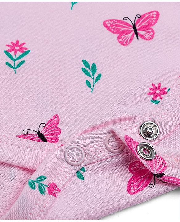 Babyhug 100% Cotton Knit Half Puffed Sleeves Onesie with Headband & Butterfly Print - Pink
